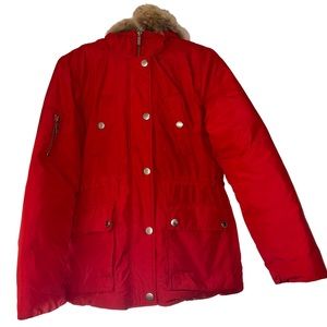 Michael Kors Red Puffer Jacket with Fur-Lined Hood